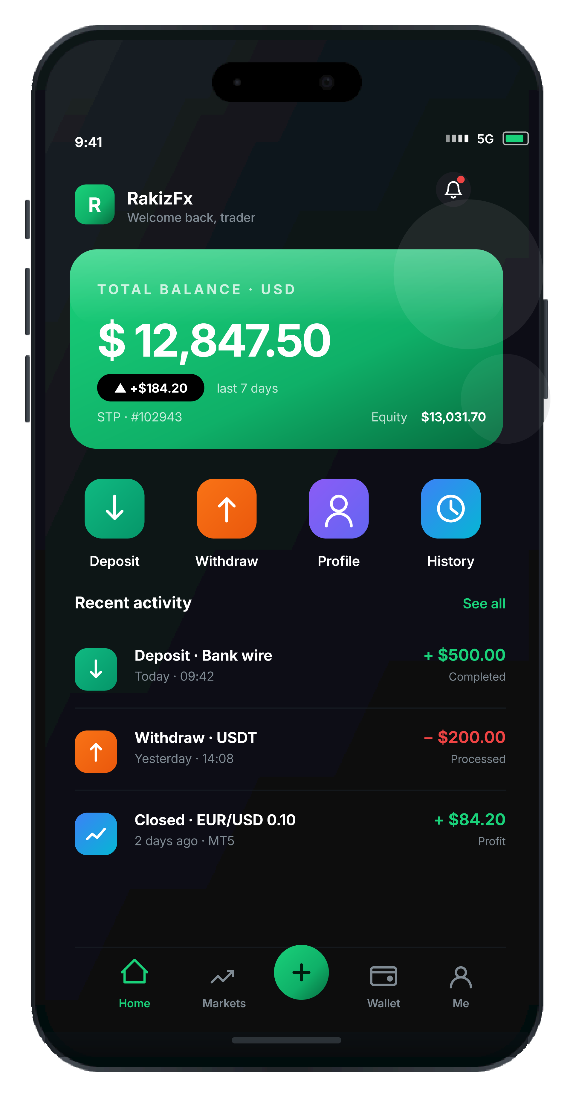 RakizFx companion app, balance, deposit, withdraw, profile and history